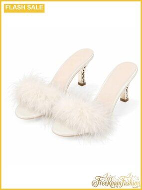 Faux Fur Feather Kitten Heel Open Toe Slide Slippers Party